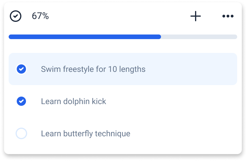 An illustration showing various sub tasks that a user has created within a task, such as 'Swim freestyle for 10 lengths'